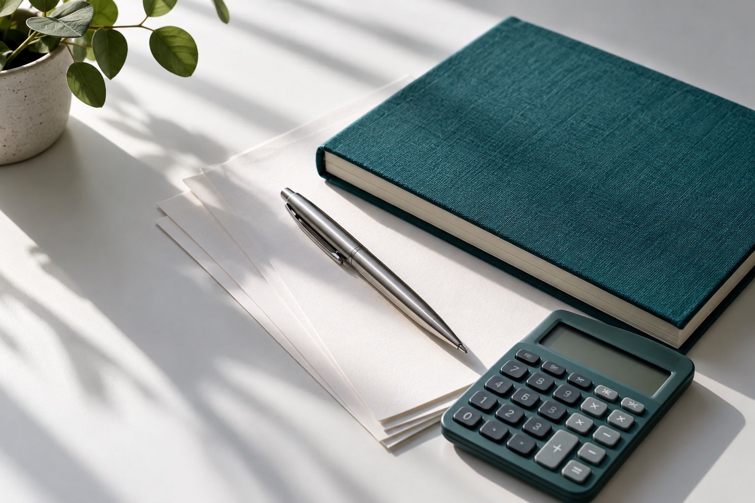 Illustrative still life of a teal notebook, blank papers, pen and calculator
